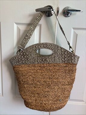 Flora Bella Woven Straw Tote with Metallic Croc-Embossed Trim